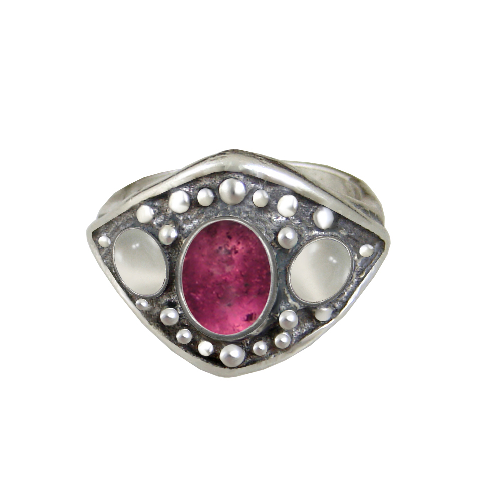 Sterling Silver Medieval Lady's Ring with Pink Tourmaline And White Moonstone Size 9